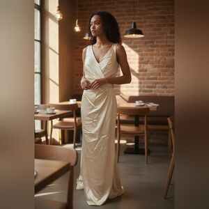 Elegant Cream Maxi Dress With Side Slit And Crossover Front Size 8
